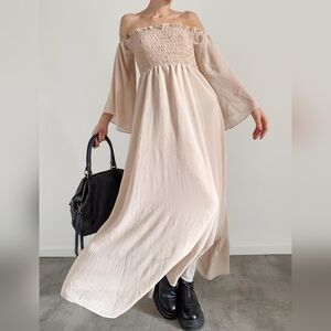 Vintage Sheer Cream Off-Shoulder Boho Maxi Dress